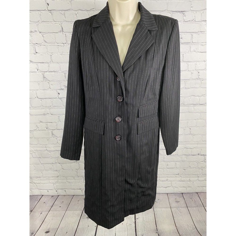 VTG Dani Max Petite Shoulder Pads Long Black Pinstriped Light Overcoat Jacket 4